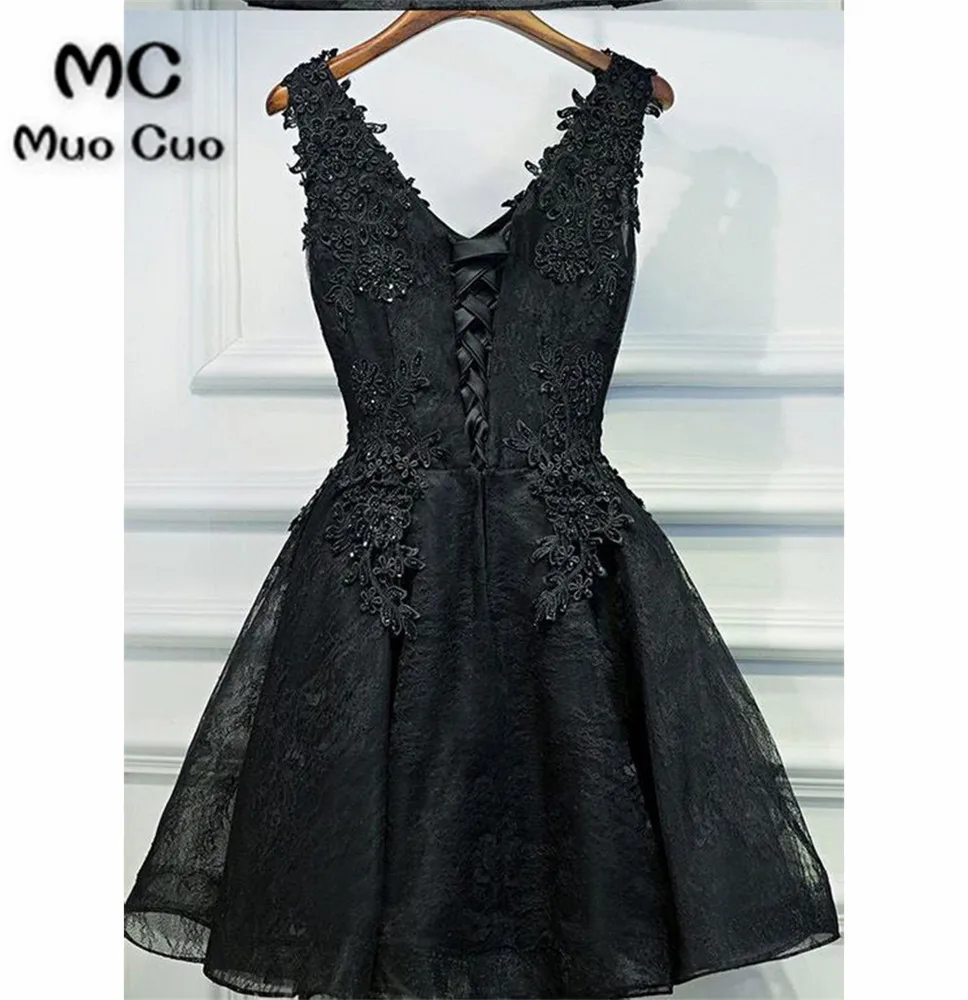 Discount A-line Party Prom Dresses Short Black Dresses With Lace Up Applique Mini Distinct Prom Dresses