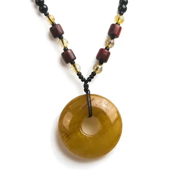 

Women Necklace Pendant Jewelry Unique Brazil Natural Titanium Yellow Gold Rutilated Quartz Crystal Round Pendant Bead