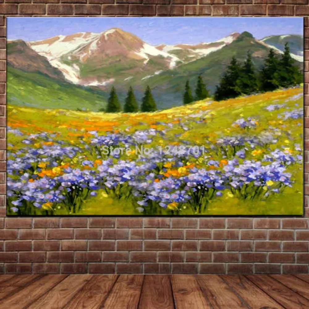 

Hand Painted Abstract Impasto Flower Field Mountain Landscape Canvas Oil Painting Mountain Picture Living Room Home Wall Decor