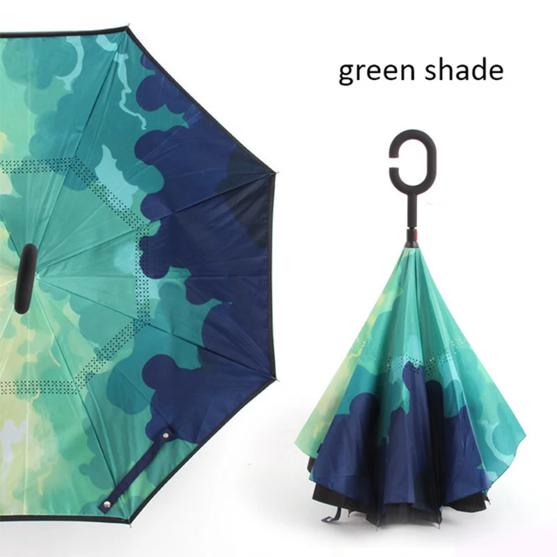 Ветростойкий складной зонт для мужчин и женщин, защита от солнца, дождя, автомобиля, перевернутый с ручкой, зонты, двойной слой, защита от ультрафиолета, самостоятельная стойка - Цвет: green shade