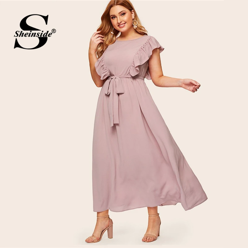 Sheinside Plus Size Ruffle Detail A Line Dress Women 2019 Summer Pink ...