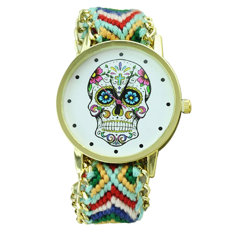 

Fashion Women Wristwatch Weaved Fabric Rope Band Bracelet Skull Pattern Quartz Analog Women Dress Relogio Ladies Clock Wholesale