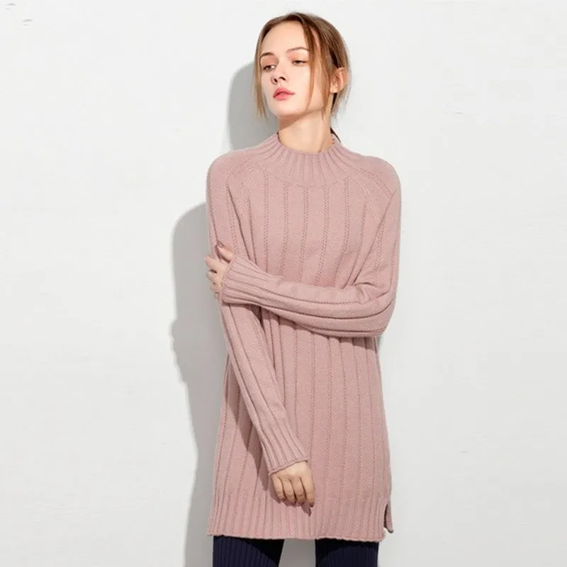 2018 New arrival solid color pullover knitting sweater turtleneck long oversize loose weater woman for Autumn And Winter 17118