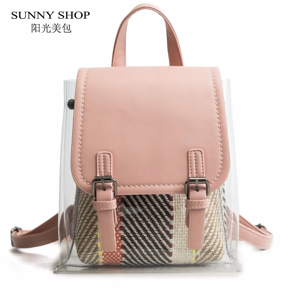 

SUNNY SHOP PVC Clear Backpack Set Women With Straw Inner Bag Female 2018 Summer Beach Bagpack For Girls School Small Kawaii Pink