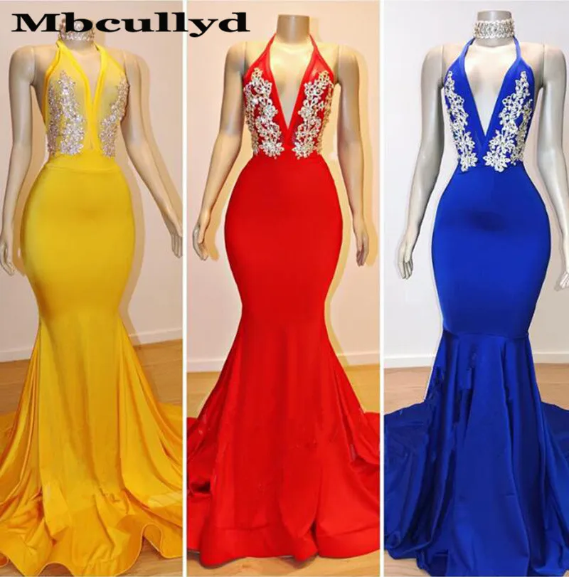 

Mbcully Elegant Halter Neck Mermaid Prom Dresses Shining Beaded Yellow Royal Blue Black Girl Long Formal Dress robe de soiree