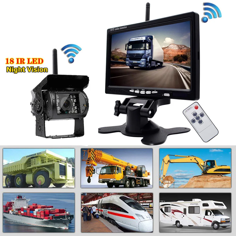 

12V 24V Wireless 7" HD TFT LCD Monitor 18LEDs Vehicle Backup Rear View Camera Kit for Bus Truck Trailer, with Car Charger