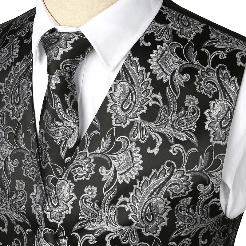 Black 3pcs Men's Party Wedding Paisley Waistcoat Vest Pocket Square Tie Suit Set for Wedding Groom Tuxedo Chalecos Para Hombre