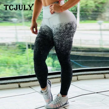

TCJULY Black White Gradient Push Up Legins Breathable Quick Dry High Waist Workout Pants Flex Stretch Fitness Leggings For Women