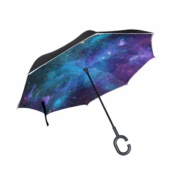 

Unique Galaxy Inverted Umbrella Double Layer Windproof Reverse Umbrella for Car and Outdoor Use with Safe Reflective Strip