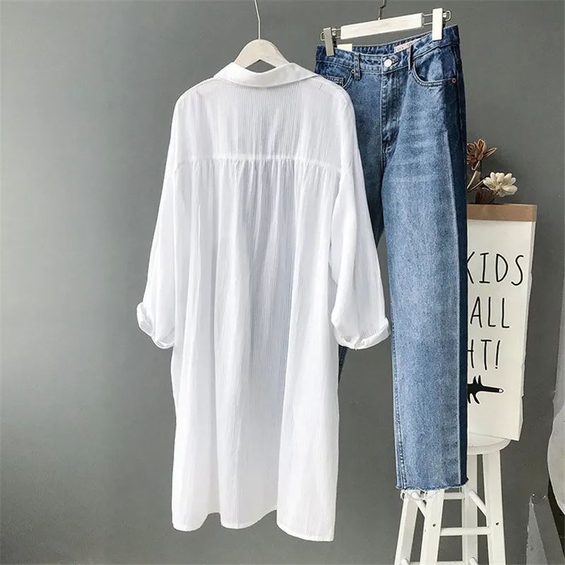Cotton Women Beach White Long Blouse 2019 Spring Women Long Sleeve Shirts Blouse High quality loose Office Long Blouse Tops