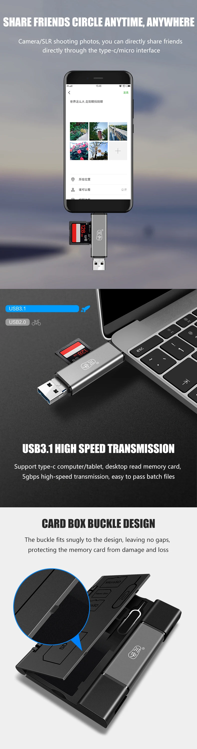 Kawau C350D коробка для хранения версия OTG Многофункциональный USB3.1 кард-ридер SD TF двойной слот для карт мобильный телефон и компьютер универсальный