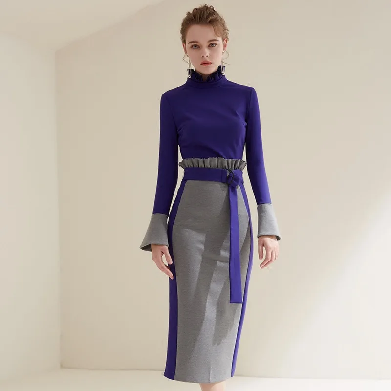 Multiflora 2018 formal dress women elegant purple long sleeve ruffle turtle neck offcie dress winter empire bodycon women dress