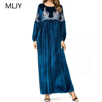 

2018 Women Embroidered High Waist Pleats Long Sleeve Maxi Loose Casual Velvet Dress Plus Size Oversized