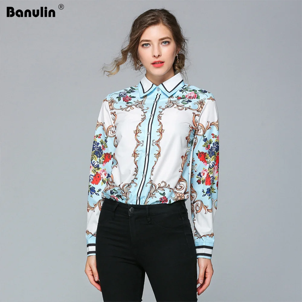 

Elegant Women Blouse and Tops 2019 Spring Runway Designers Long Sleeve Print Casual Office Shirts Vintage Femininos Camisa