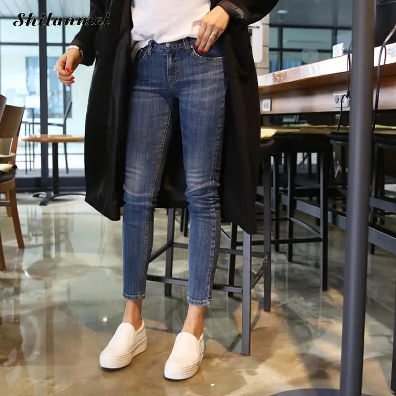 

2017 Spring Fashion Pencil Jeans Woman Blue Colored Mid Waist Full Length Zipper Slim Fit Skinny Women Pants american apparel