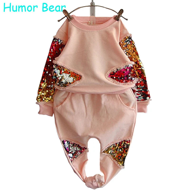 Humor Bear Girls Clothing Set Fashion Sequined Flower Long Sleeved Pant Suit Girls Set Baby Girls