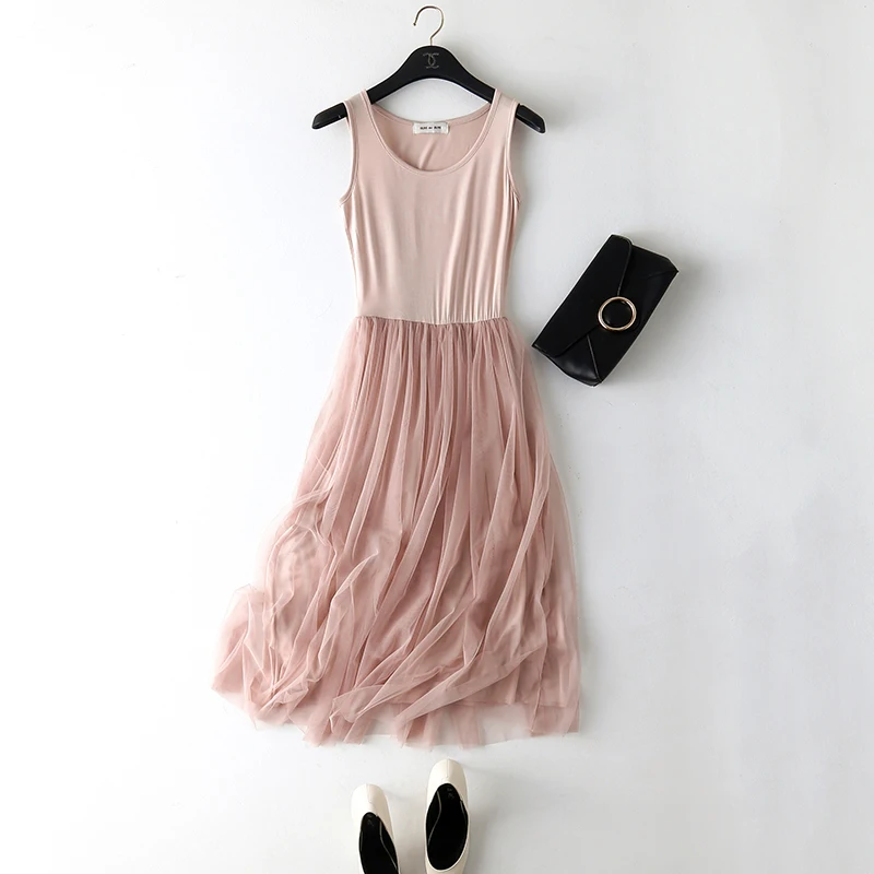 

2019 Autumn Women's Sleeveless O Neck Dress Preppy Style Solid Color Slim Modal Mesh Pleated Dress Fleece dresses Female Casual