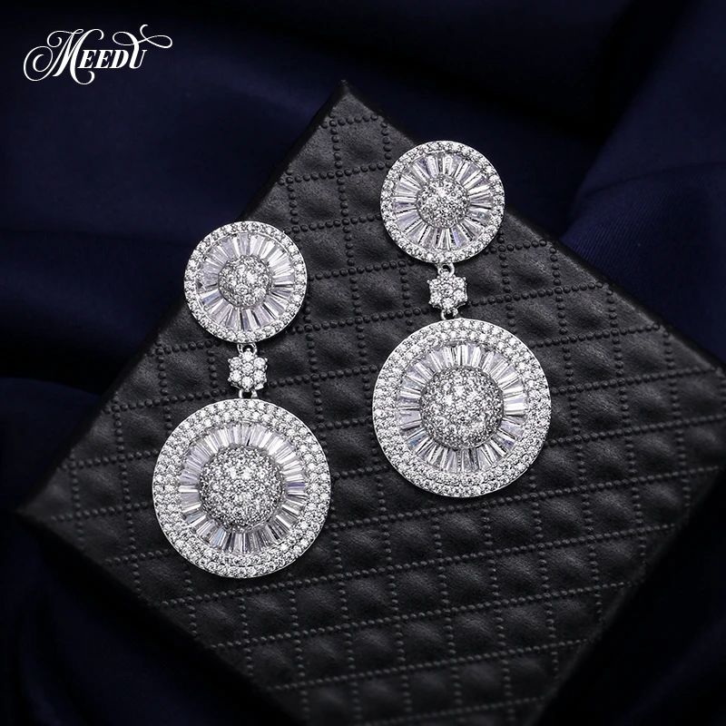 

MEEDU Wedding Bridal Jewelry High Quality Brilliant Cubic Zirconia CZ Double Circle Drop Earring in White Gold Color