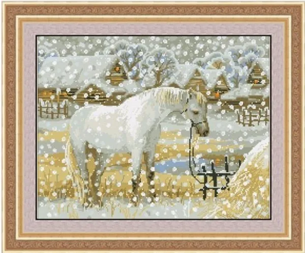 CS-1896 Cross Stitch Kit White Horse in the Winter Snow Christmas