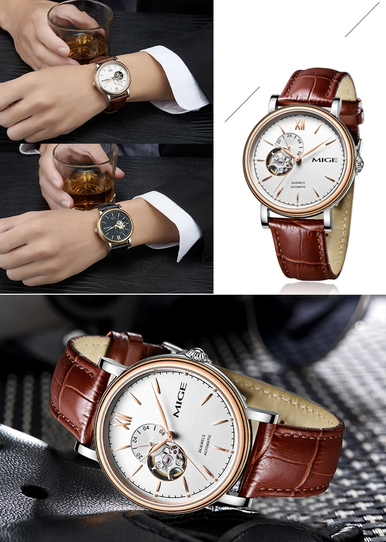 MIGE модные часы Механические наручные 24 часа Tourbillion синтетический сапфировый