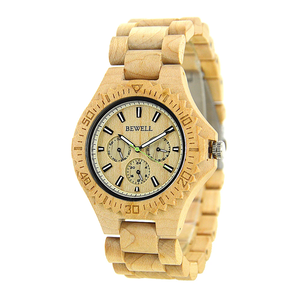 BEWELL Hot Sell Men Dress Watch Quartz Mens Wooden Watch Wood Wrist Watches Natural Calendar Display Bangle Gift Relogio 116B