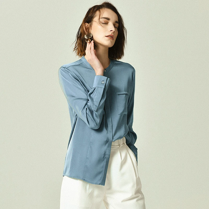 

100% Heavy Silk Blouse Women Shirt Simple Design Long Sleeves Pockets 2 Colors Office Work Top Graceful Style New Fashion 2019