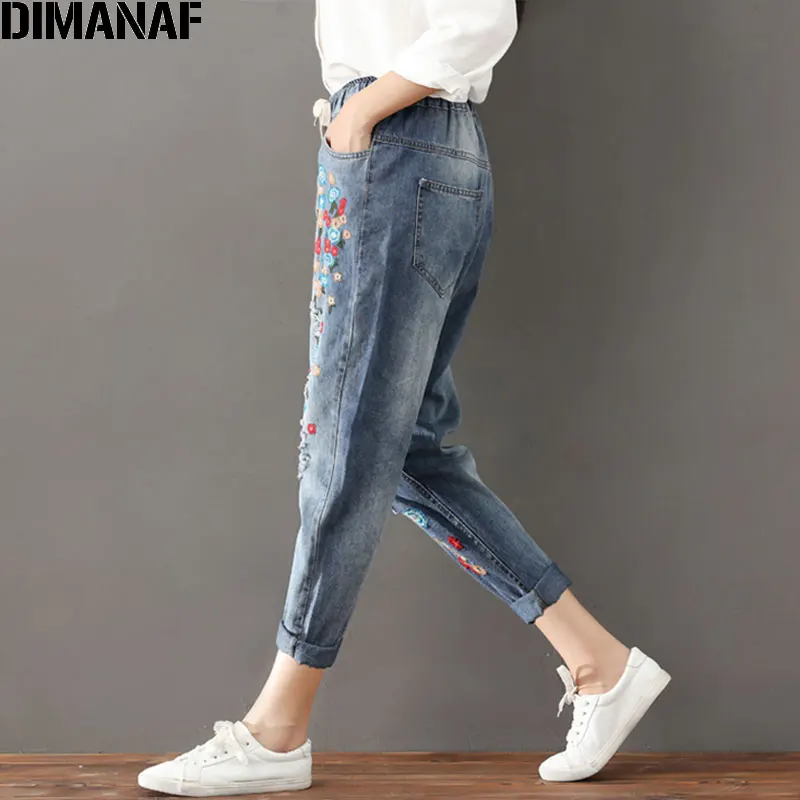 Dimanaf женский джинсовый шаровары больших размеров, модные рваные джинсы с цветочной вышивкой, поцарапанные новые синие весенние свободные джинсы 3XL
