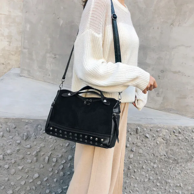 Special Price Vintage Women Scrub Pure Color Rivets Zipper Crossbody Bag Shoulder Bag Hand Bag