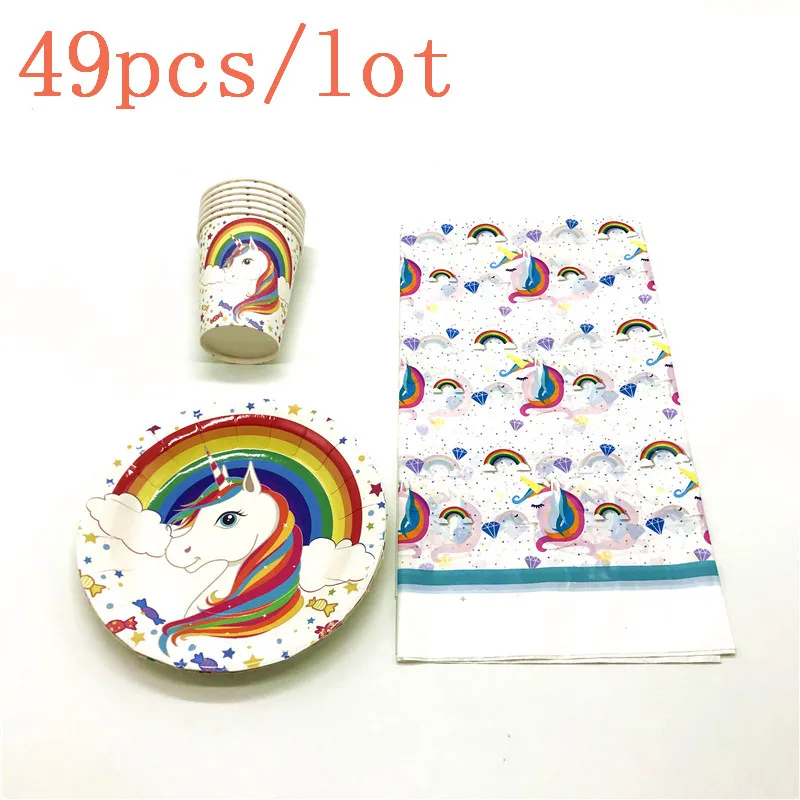 

Rainbow Unicorn Theme 49Pcs/Lot Disposable Cup+Plate Family Party Wedding Boy Birthday Party Paper Tablecloth Decoration Supply