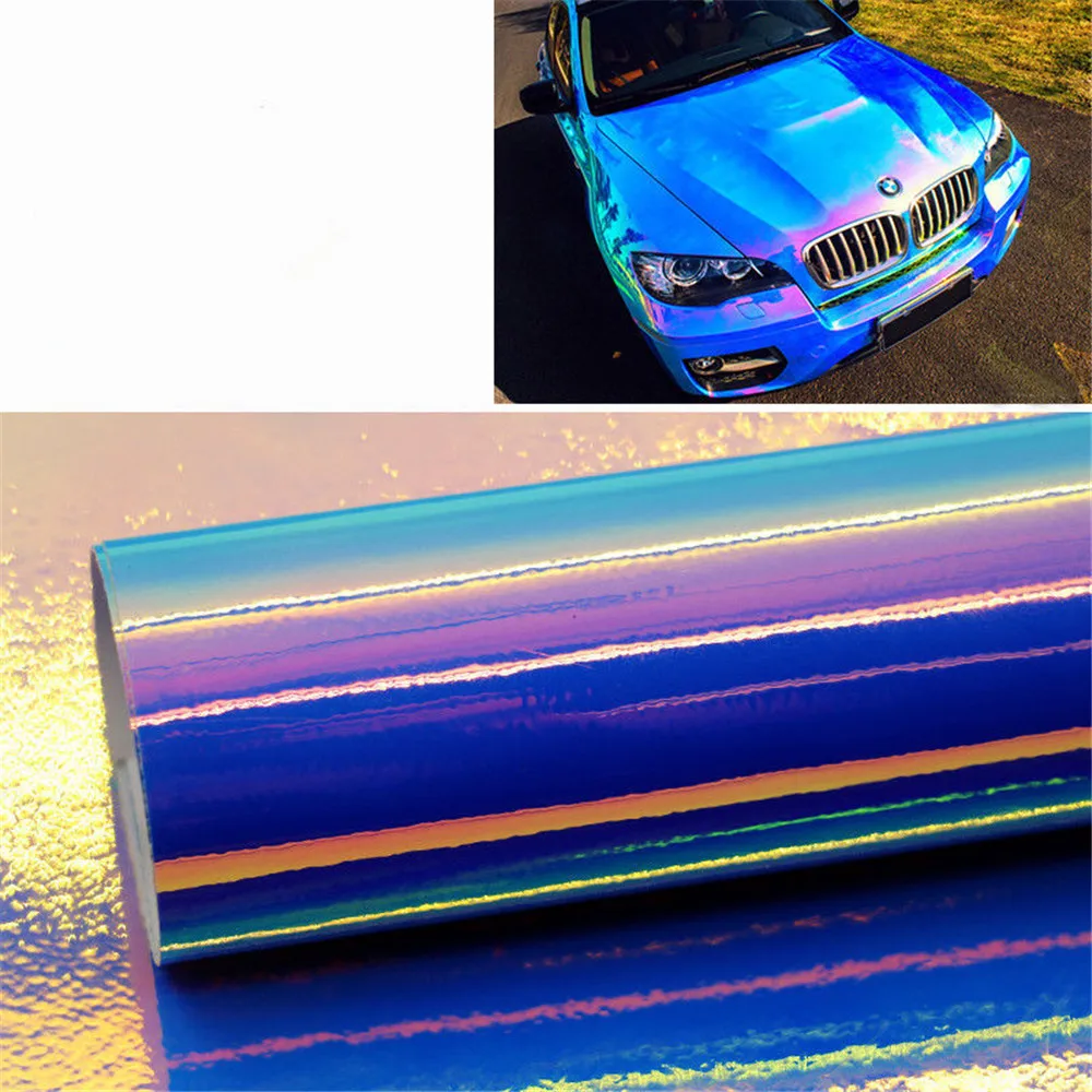 

1.38m x 3m Blue Car Wrap Holographic Rainbow Film Neo Chrome Vinyl Sticker