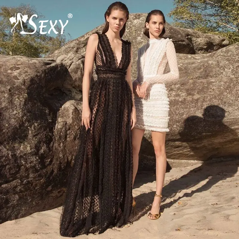 

Gosexy 2019 New Sexy Plunge Sleeveless Features Mesh Lace Fringe Elegant Women Party Maxi Dress Outfit Club Gown