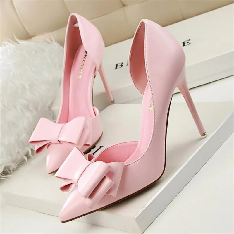 

BIGTREE New Spring Summer Women Pumps Sweet Bowknot High-heeled Shoes Thin Pink High Heel Shoes Hollow Pointed Stiletto Elegant