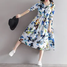 2017 New Retro Female Long-sleeved Cotton Linen Dress Floral Print Women National Loose Dress Chinese Ladies Dress