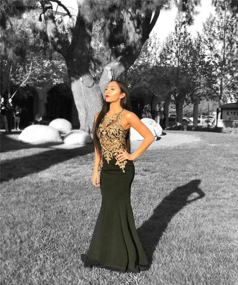 Gold Appliques Black Prom Dresses 2019 Sheer Illusion Mermaid Floor Length Evening Gowns Formal Vestidos de fiesta Cheap Custom Made  125 (3)