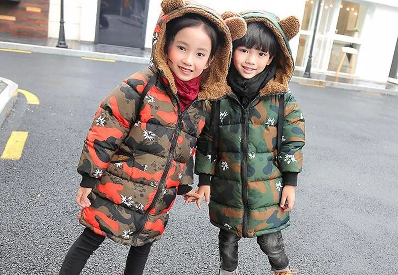 CROAL CHERIE Bear Ear Winter Kids Girls Boys Clothes Cotton Boys Winter Velvet Coat Camouflage Warm Long Children Clothing  (3)