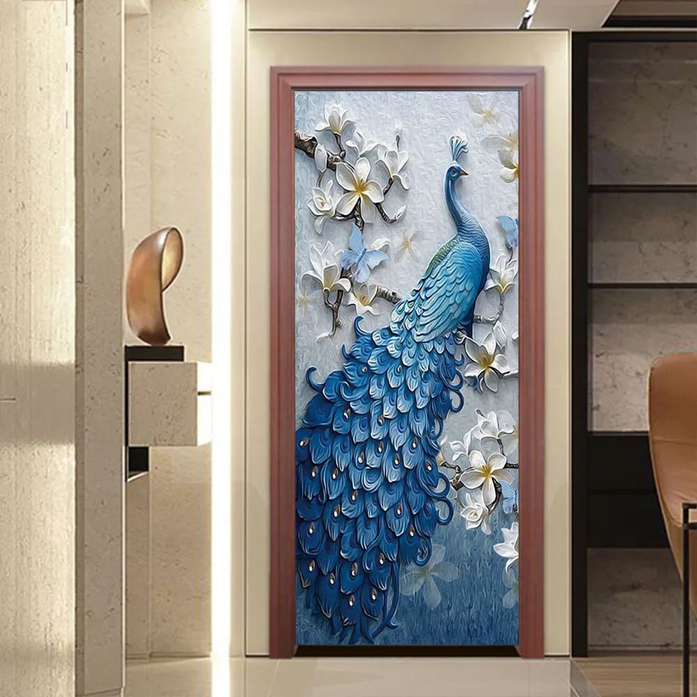 

Custom Size/77X200CM Peacock PVC Door Sticker Self-adhesive Waterproof Wallpaper Door Decoration Mural For Living Room Bedroom