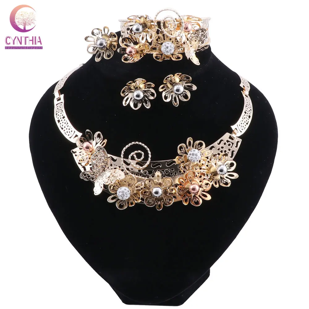 

New Indian Fashion Bridal Jewelry Set Gold-color Necklace & Earrings Flower Shaped for Women Gift Wedding Accessories