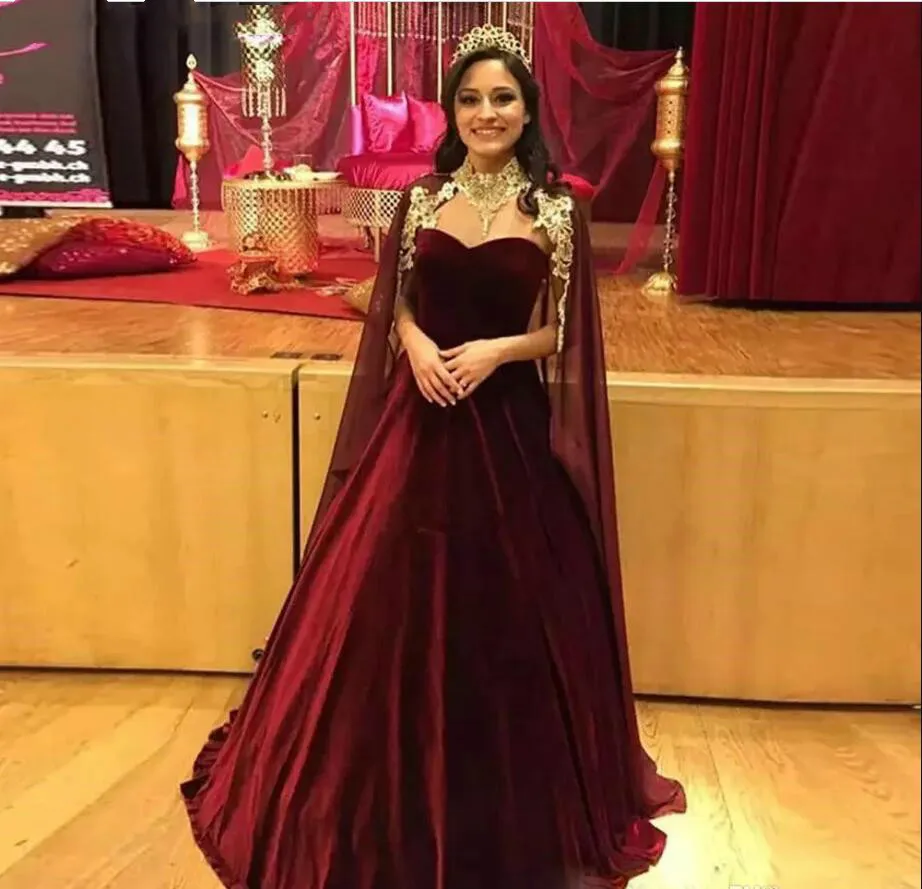 

Newest Burgundy Ball Gown Evening Dresses with Cape Sweetheart Velvet Skirt Dubai Prom Gown Long Pageant Dress