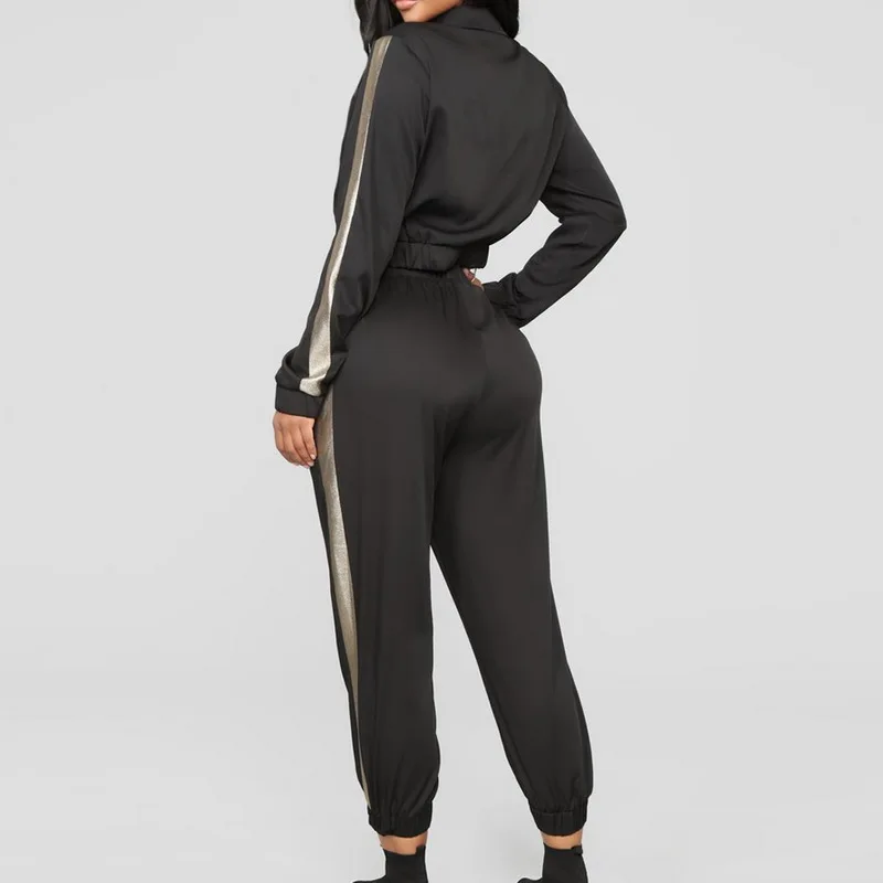 Женский спортивный костюм для бега, повседневный комплект из 2 предметов, короткий топ с длинным рукавом, свободные штаны, полосатая Лоскутная толстовка на молнии, спортивная одежда