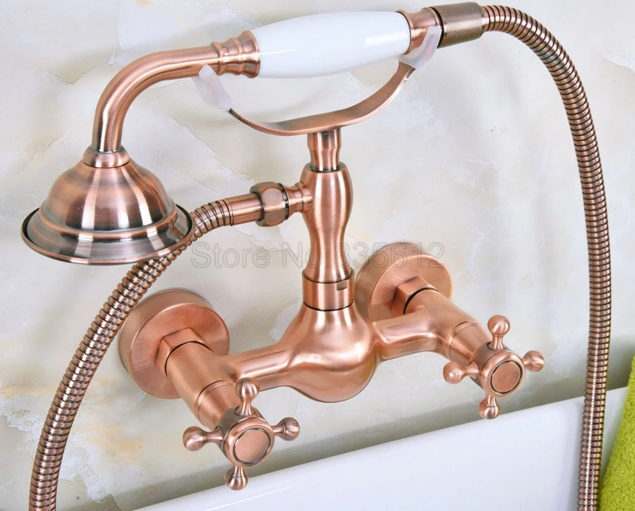 

Antique Red Copper Wall Mounted Bathroom Shower Faucet Telephone Bath Bathtub Faucets with Hand Shower Tap tna335