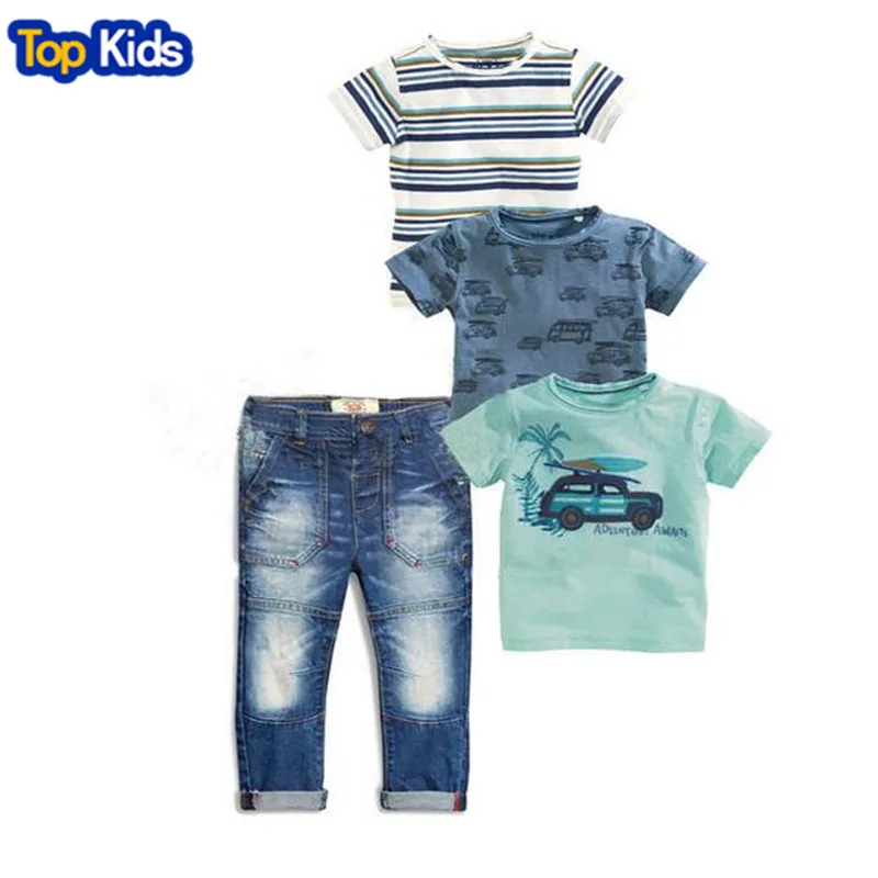 Летние комплекты для детей одежда для малышей комплект из 4 предметов для мальчиков, костюм в полоску, футболка s+ синяя футболка с машинкой+ джинсы, CCS352