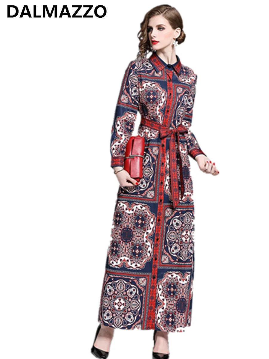 

Womans Vintage Runway Print Belt Long Dresses 2019 Newest High-end Design Europe Women Shirt Long Sleeve big Swing Long Dresses