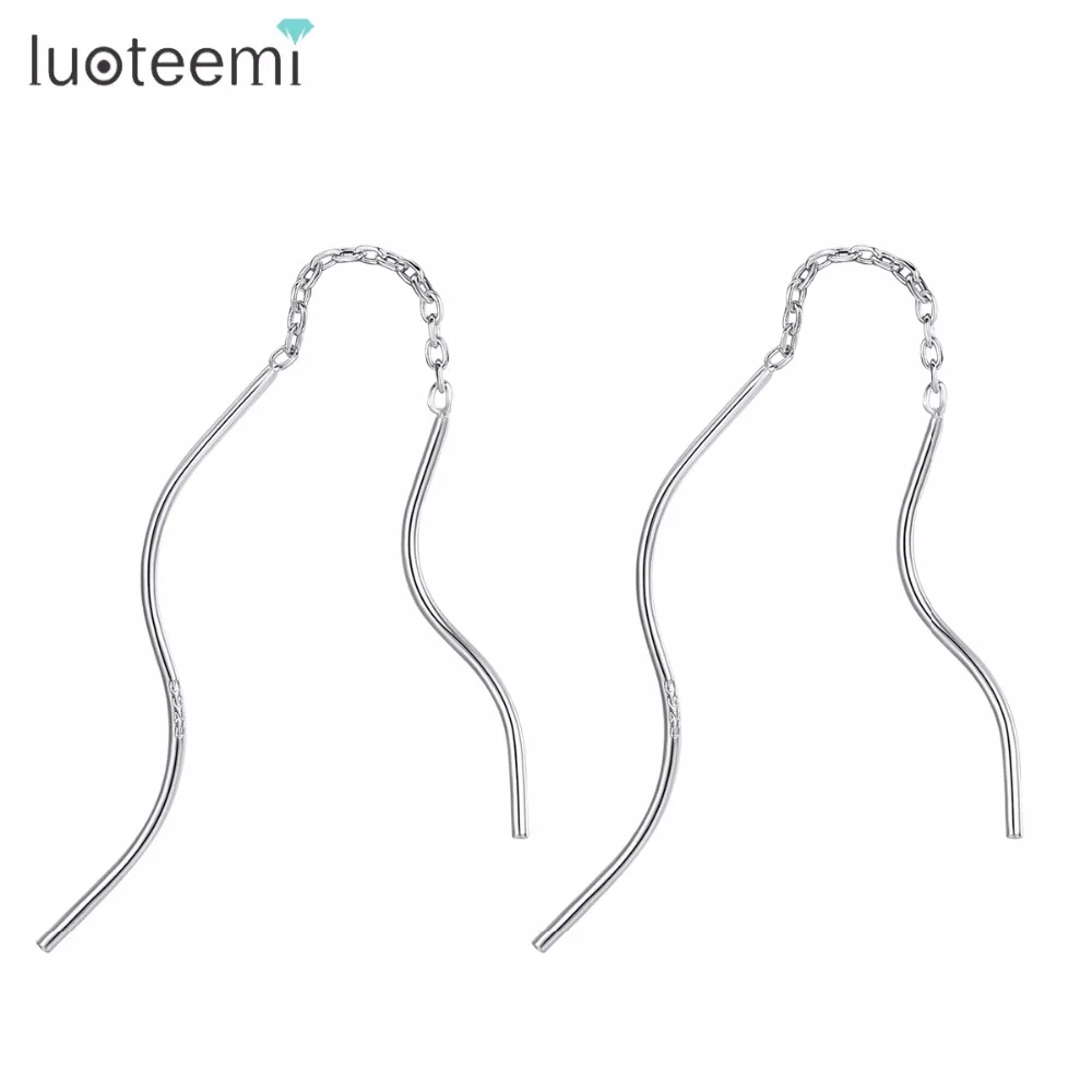 

LUOTEEMI 2018 Real 100% 925 Sterling Silver Long Bar Curved Drop Earrings Vintage Simple Design For Women Party Jewelry