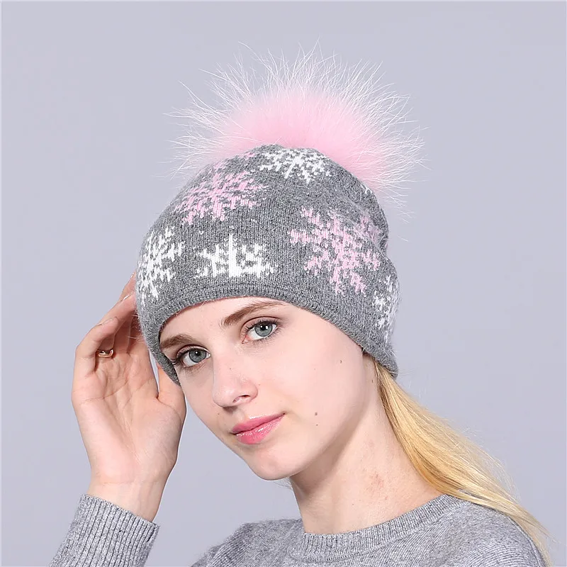 gray hat pink pom XTHREE, настоящая норка, помпоны, шерсть, мех кролика, вязанные шапочки Skullies, зимняя женская шапка, шапка для девочек, feminino beanies, шапка - Цвет: gray hat pink pom