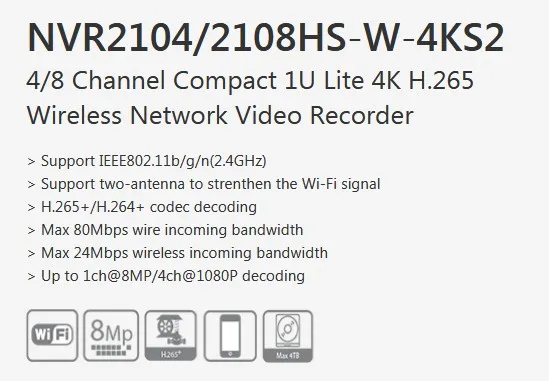 Dahua 4CH 8CH 8MP wifi NVR NVR2104HS-W-4KS2 NVR2108HS-W-4KS2 4K H.265+ 8MP беспроводной сетевой видеорегистратор