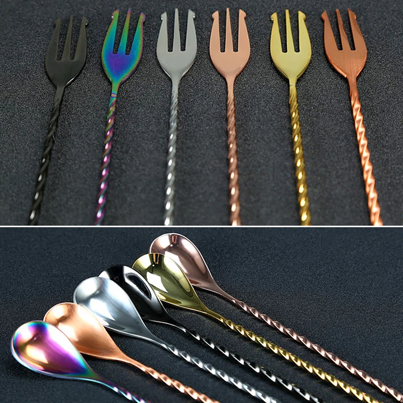 

2-in-1 Spoon Fork Combo 30cm Stainless Steel Bar Cocktail Shaker Spoon Dropshipping Cool Color Bar Tools High Quality