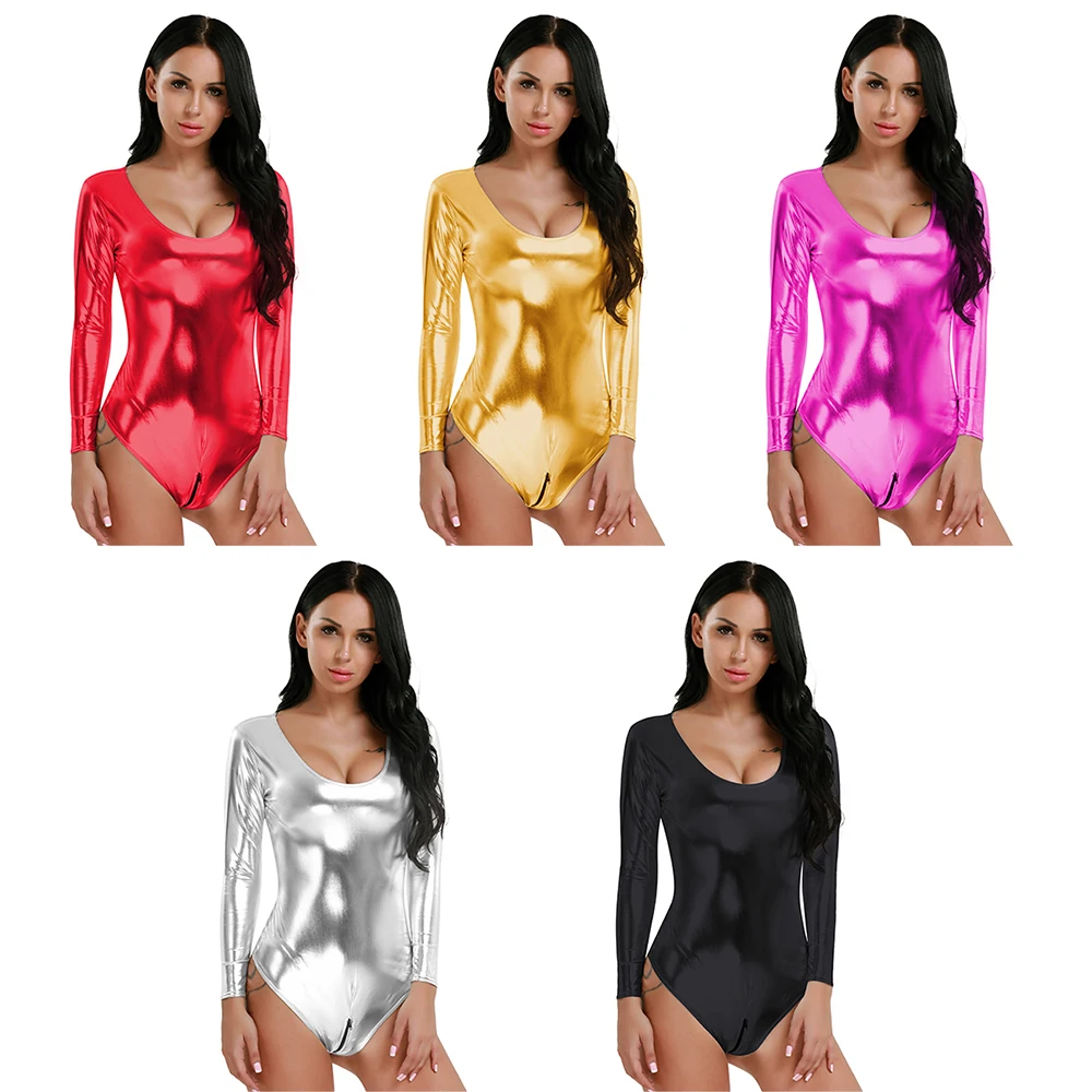 iEFiEL Sexy Womens Wetlook Bodycon Patent Leather Leotard Bodysuit with Zipper Crotch High Cut Dancewear for Nightclub Parties white bodysuit