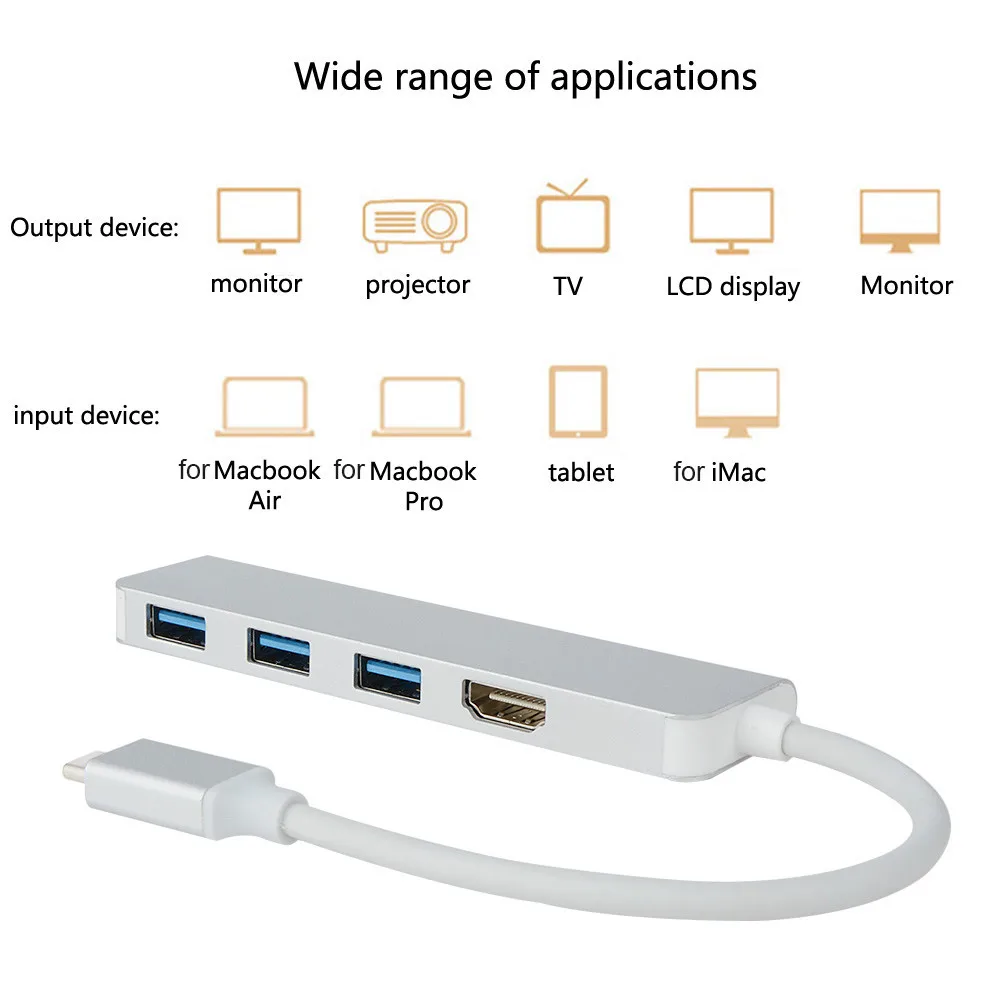 

Type C USB 3.0 to HDMI 3xUSB 3.0 4 in1 Hub Adapter for Laptop Computer Type C to HDMI Hub up to 5 Gbps Excellent extension