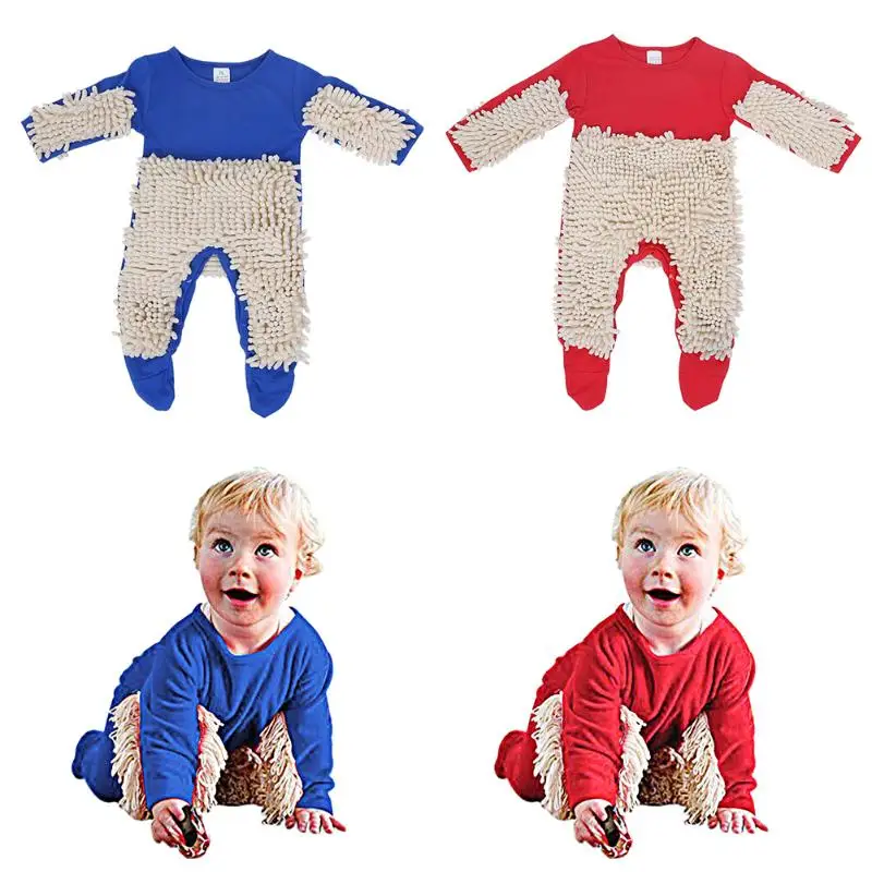 

Newborn Kids Autumn Winter Clothes Baby Boys Girls Floors Cleaning Mop Clothes Long Sleeve Blue Red Swob Romper Jumpsuit Outfit