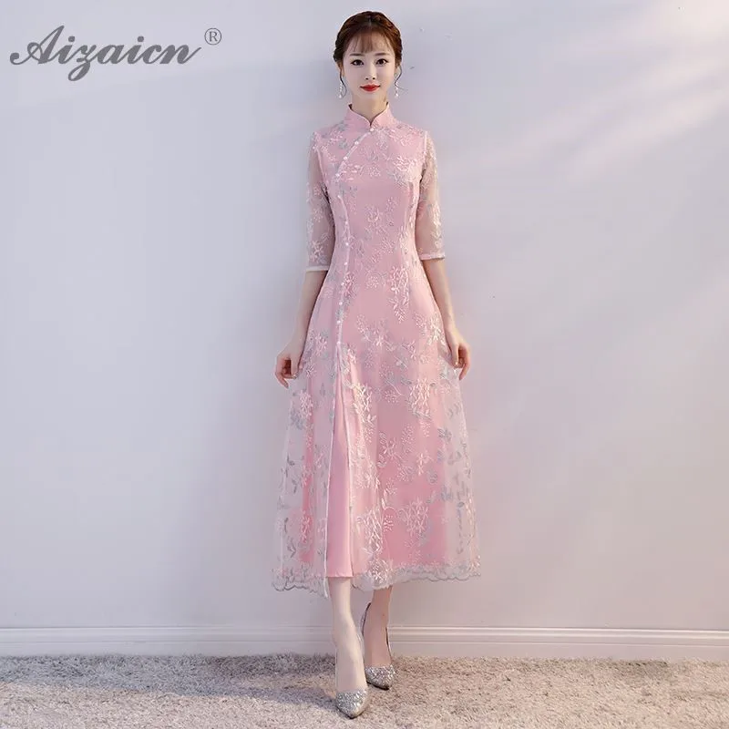 

Modern New Lace Pink Long Cheongsam Chinoise Slim Qi Pao Women Traditional Chinese Dress Qipao Oriental Style Daily Dresses